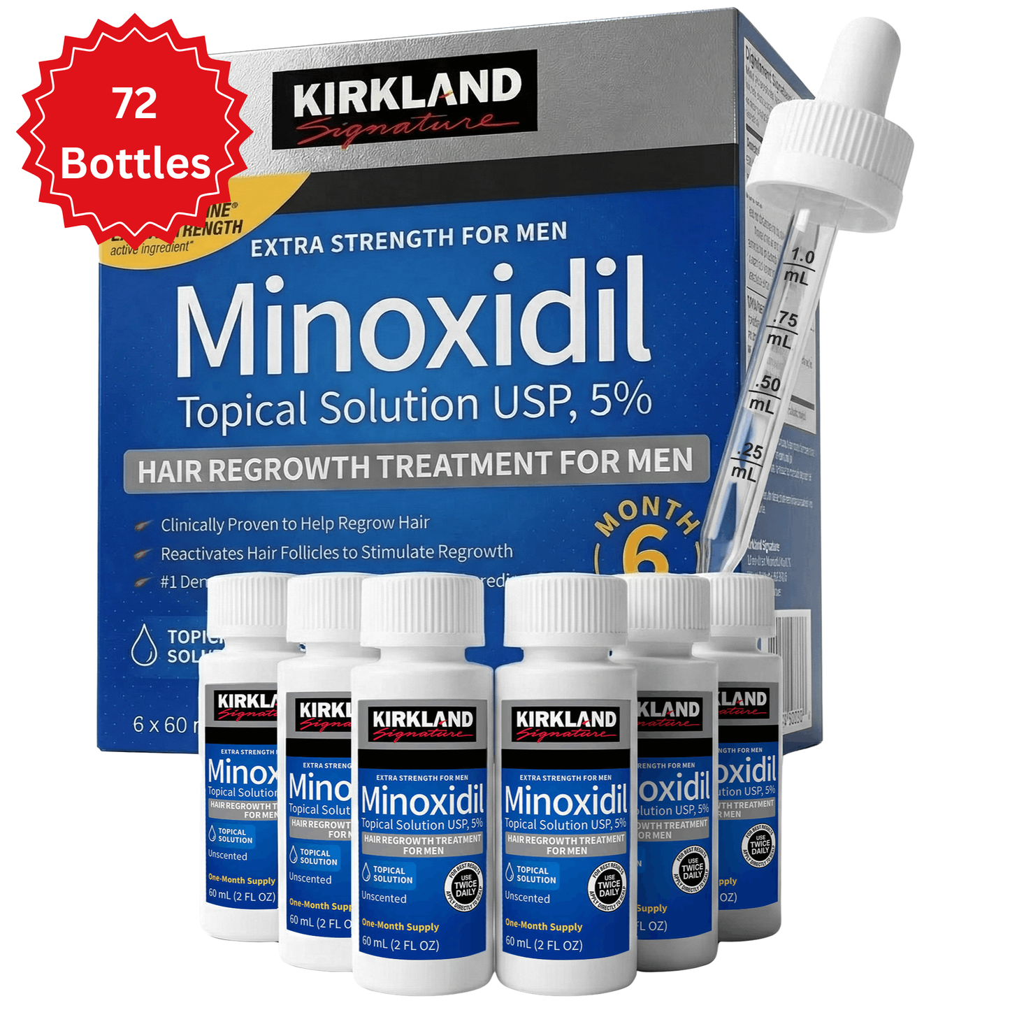Kirkland Minoxidil Liquid Extra Strength Hair Regrowth Treatment, 5% Topical Solution, 72 Months Supply