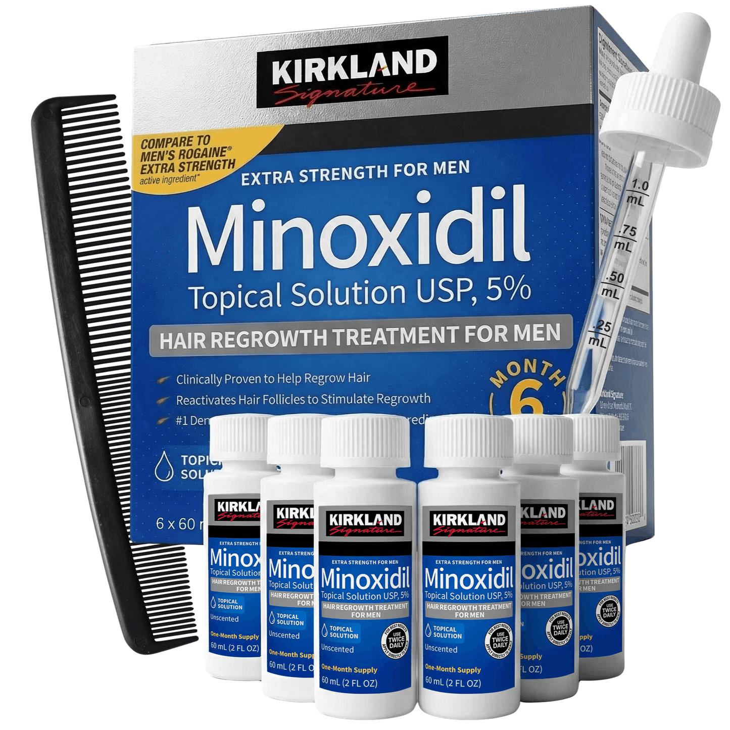 Kirkland 5% Minoxidil Liquid Extra Strength Hair Regrowth Treatment with Comb, 5% Topical Solution, 6 Months Supply