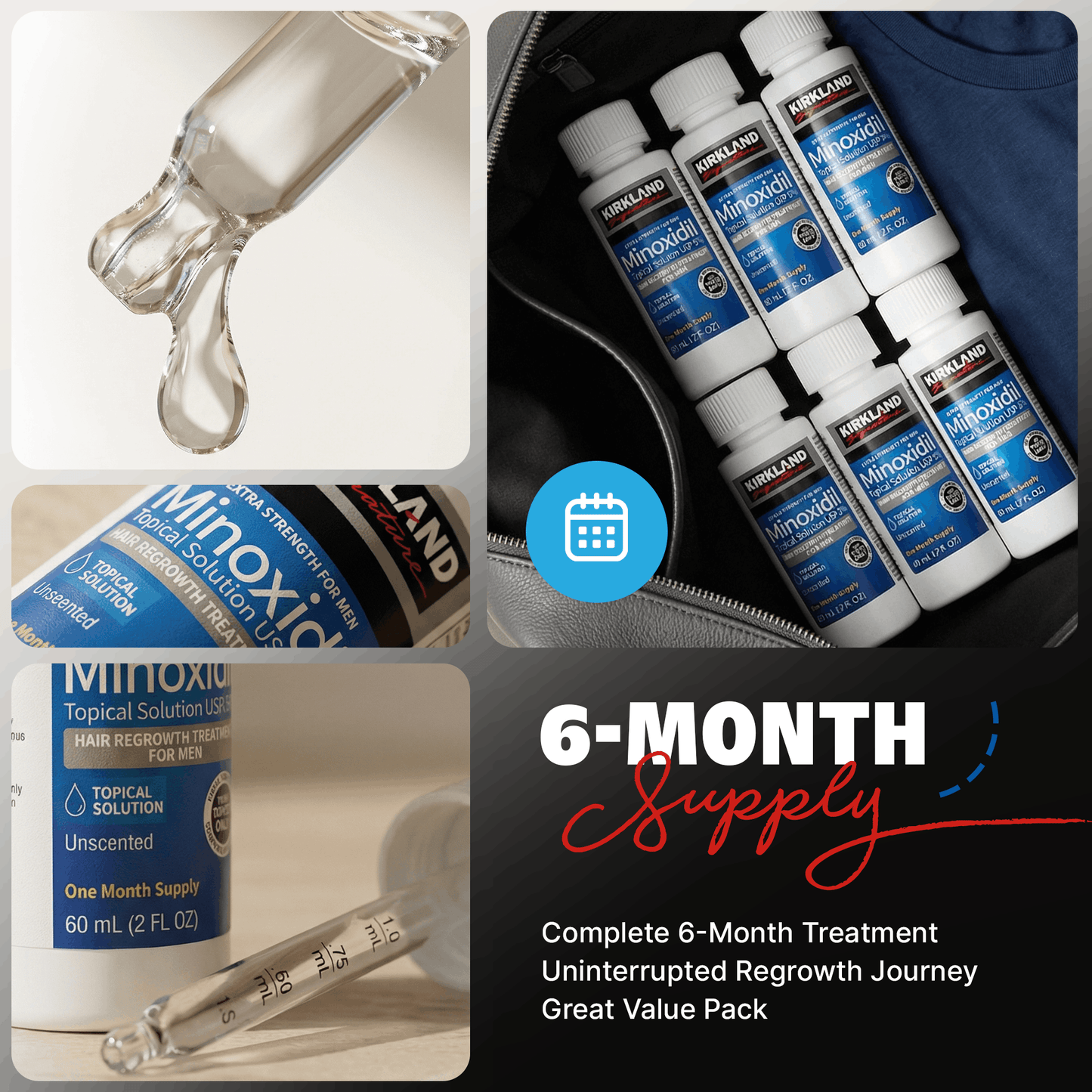 Kirkland Signature Minoxidil Liquid Extra Strength Hair Regrowth Treatment for Men, 5% Topical Solution, 6 Months Supply